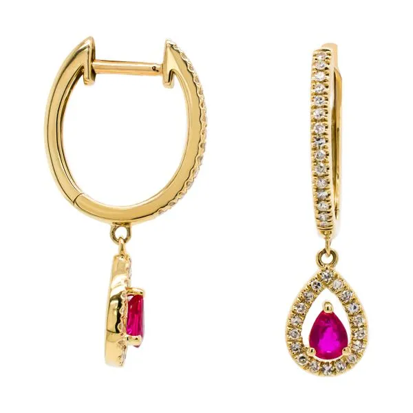 14K Yellow Gold Pear Shaped Ruby Diamond Dangle Huggie Earrings Image 2 LeeBrant Jewelry & Watch Co Sandy Springs, GA