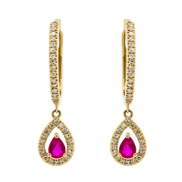 14K Yellow Gold Pear Shaped Ruby Diamond Dangle Huggie Earrings LeeBrant Jewelry & Watch Co Sandy Springs, GA
