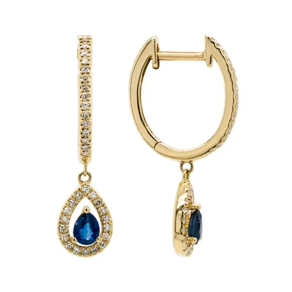 14K Yellow Gold Pear Shaped Sapphire Diamond Dangle Huggie Earrings Image 2 LeeBrant Jewelry & Watch Co Sandy Springs, GA