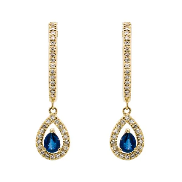 14K Yellow Gold Pear Shaped Sapphire Diamond Dangle Huggie Earrings LeeBrant Jewelry & Watch Co Sandy Springs, GA