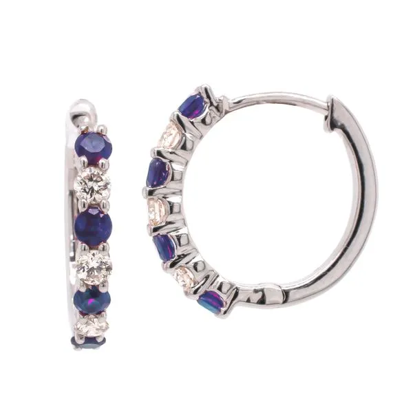 14K White Gold Sapphire Diamond Hoop Earrings Image 2 LeeBrant Jewelry & Watch Co Sandy Springs, GA