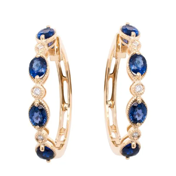 14K Yellow Gold Oval Sapphires Bezel Diamond Hoop Earrings LeeBrant Jewelry & Watch Co Sandy Springs, GA