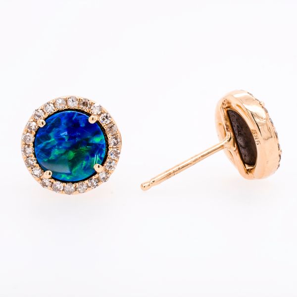 14K Yellow Gold Vibrant Blue Opal Diamond Stud Earrings LeeBrant Jewelry & Watch Co Sandy Springs, GA