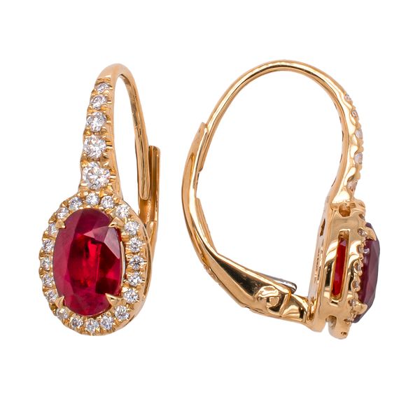 18K Yellow Gold Oval Ruby Diamond Lever Back Earrings Image 2 LeeBrant Jewelry & Watch Co Sandy Springs, GA