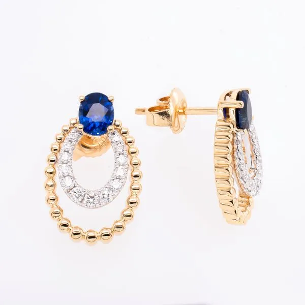 18K Yellow and White Gold Double Beaded Oval Sapphire Diamond Earrings on Posts LeeBrant Jewelry & Watch Co Sandy Springs, GA