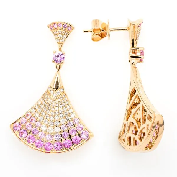 14K Yellow Gold Pink Sapphire Diamond Fan Dangle Earrings Image 2 LeeBrant Jewelry & Watch Co Sandy Springs, GA