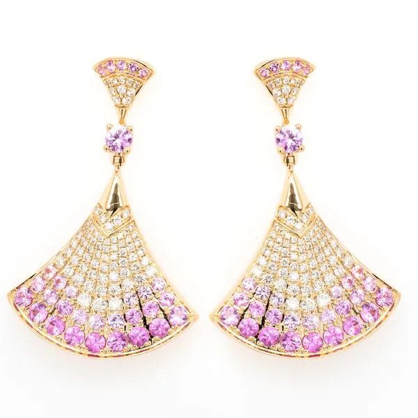 14K Yellow Gold Pink Sapphire Diamond Fan Dangle Earrings LeeBrant Jewelry & Watch Co Sandy Springs, GA
