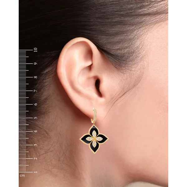 14k Yellow Gold Black Onyx Flower Earrings on Diamond Huggies Image 2 LeeBrant Jewelry & Watch Co Sandy Springs, GA