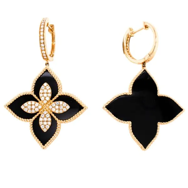14k Yellow Gold Black Onyx Flower Earrings on Diamond Huggies Image 3 LeeBrant Jewelry & Watch Co Sandy Springs, GA