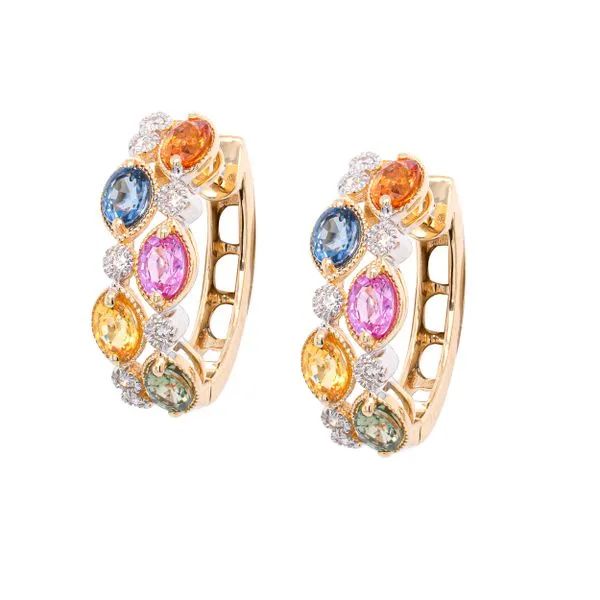 14K Yellow Gold Multi-Color Sapphire Diamond Hoop Earrings LeeBrant Jewelry & Watch Co Sandy Springs, GA