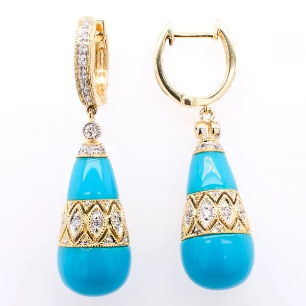 14K Yellow Gold Turquoise Droplet Earrings on Diamond Huggies LeeBrant Jewelry & Watch Co Sandy Springs, GA