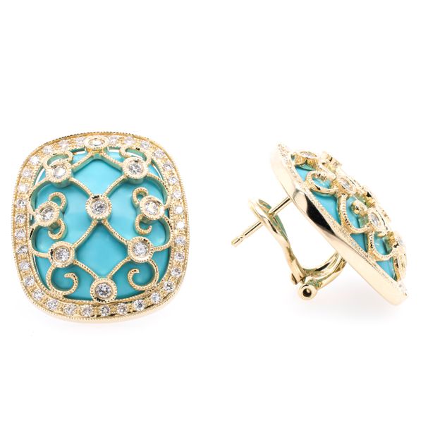 14K Yellow Gold Overlaid Turquoise Cushion Leverback Diamond Earrings LeeBrant Jewelry & Watch Co Sandy Springs, GA