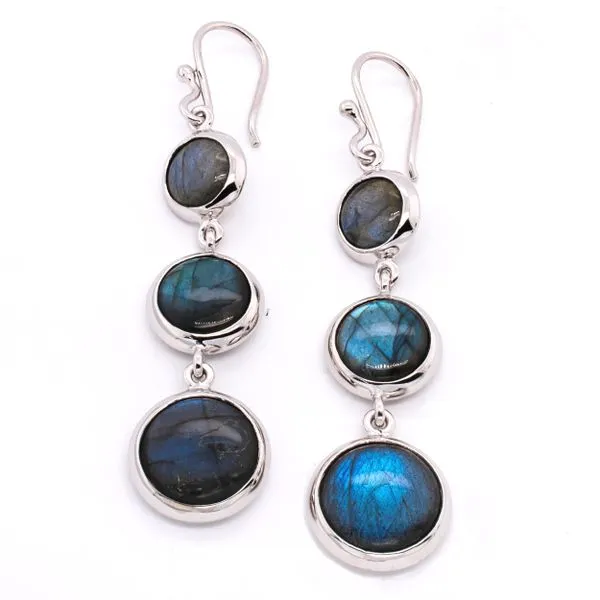 Sterling Silver Bezel Set 3 Stone Labradorite Long Hook Earrings Image 2 LeeBrant Jewelry & Watch Co Sandy Springs, GA