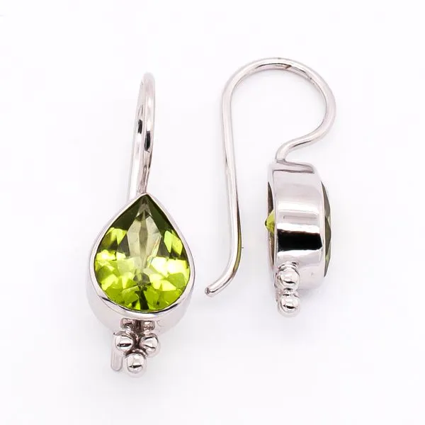 Sterling Silver Pear Peridot Bezel Set Long Hook Earrings LeeBrant Jewelry & Watch Co Sandy Springs, GA