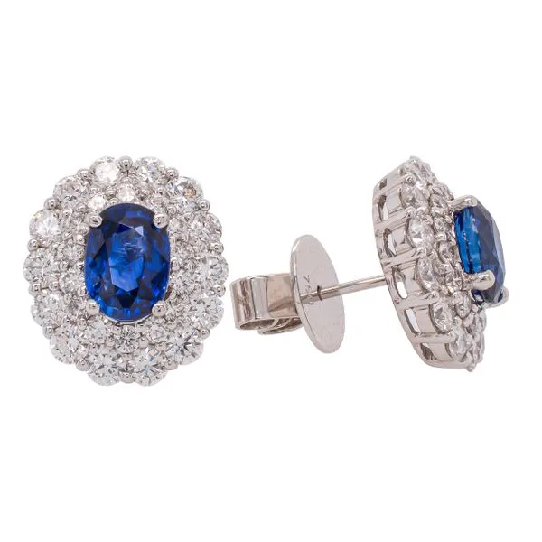 18K White Gold Sapphire Double Halo Diamond Stud Earrings LeeBrant Jewelry & Watch Co Sandy Springs, GA