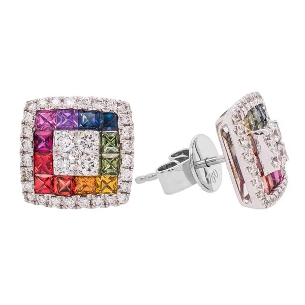 18K White Gold Square Fancy Sapphire Rainbow Diamond Stud Earrings LeeBrant Jewelry & Watch Co Sandy Springs, GA
