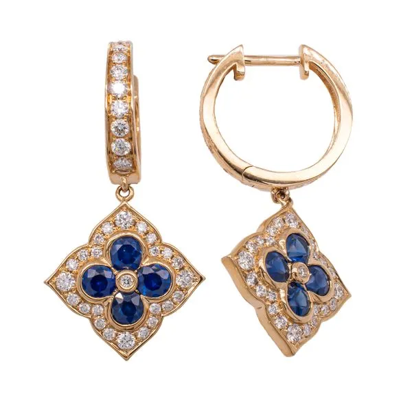 14K Yellow Gold Sapphire Flower Diamond Dangle Hoop Earrings LeeBrant Jewelry & Watch Co Sandy Springs, GA