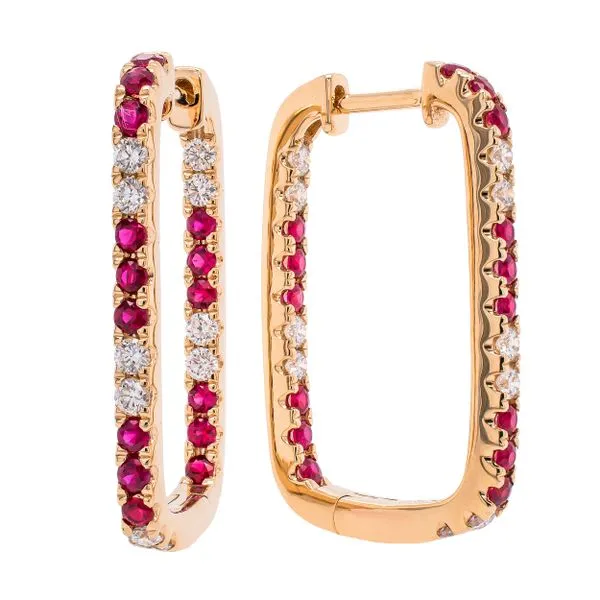 14K Yellow Gold Ruby and Diamond Rectangle In and Out Hoop Earrings LeeBrant Jewelry & Watch Co Sandy Springs, GA