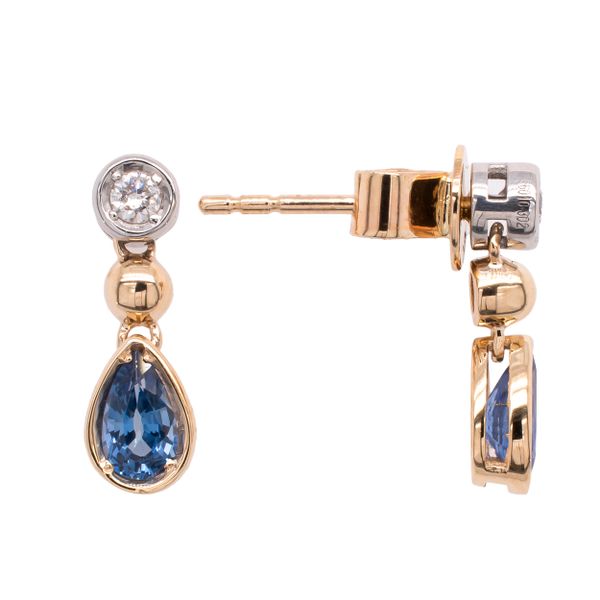 14K Yellow and White Gold Sapphire Pear Diamond Dangle Earrings LeeBrant Jewelry & Watch Co Sandy Springs, GA