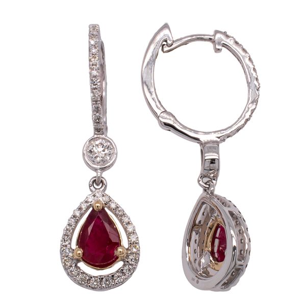 14K White and Yellow Ruby Pear Drop Diamond Huggie Earrings LeeBrant Jewelry & Watch Co Sandy Springs, GA