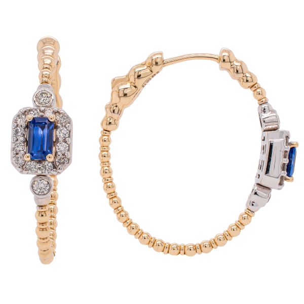 14K Yellow and White Gold Sapphire Emerald Cut Diamond Textured Hoop Earrings LeeBrant Jewelry & Watch Co Sandy Springs, GA