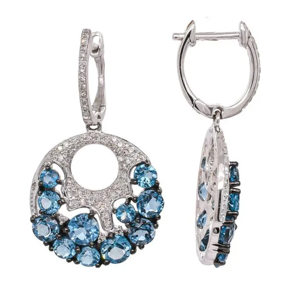 14K White Gold Blue Topaz Cluster Dangle Diamond Huggie Earrings Image 2 LeeBrant Jewelry & Watch Co Sandy Springs, GA