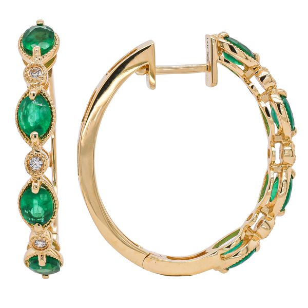 14K Yellow Gold Oval Emerald Diamond Hoop Earrings Image 2 LeeBrant Jewelry & Watch Co Sandy Springs, GA