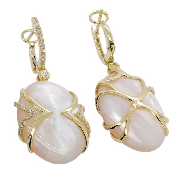 14K Yellow Gold Mother of Pearl & Diamond Cage Earrings on Diamond Huggies Image 2 LeeBrant Jewelry & Watch Co Sandy Springs, GA