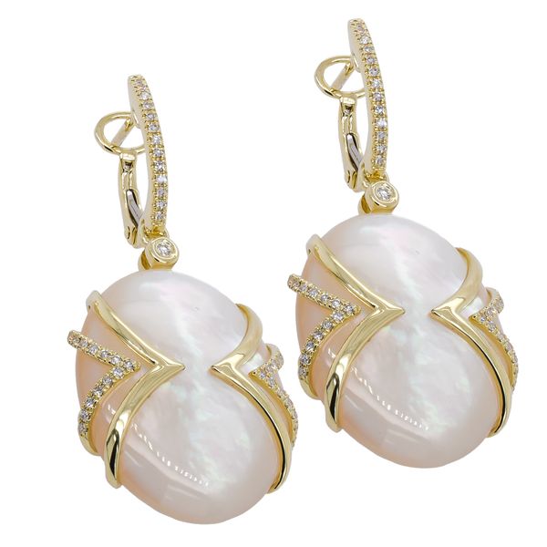 14K Yellow Gold Mother of Pearl & Diamond Cage Earrings on Diamond Huggies LeeBrant Jewelry & Watch Co Sandy Springs, GA