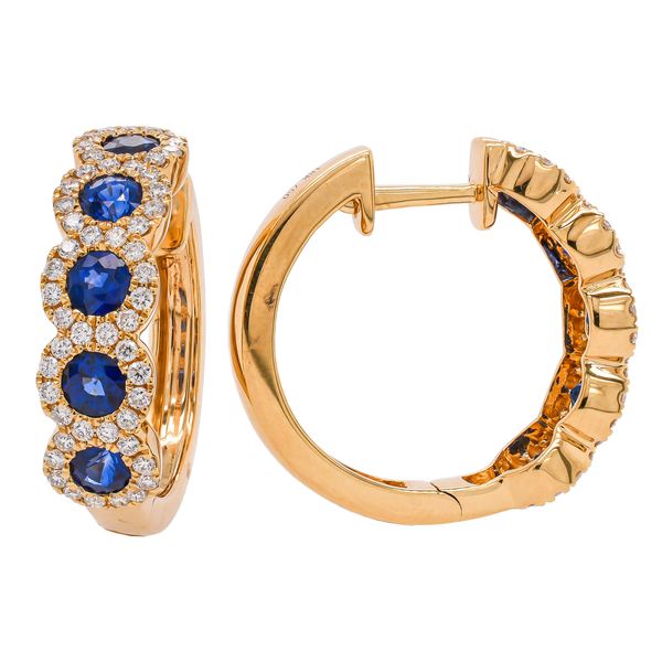 18K Yellow Gold Sapphire & Diamond Hoop Earrings Image 2 LeeBrant Jewelry & Watch Co Sandy Springs, GA