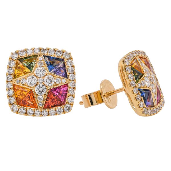 18K Yellow Gold Fancy Sapphire & Diamond Stud Earrings | 2.32 CTW Sapphires & 0.82 CTW Diamonds Image 2 LeeBrant Jewelry & Watch Co Sandy Springs, GA