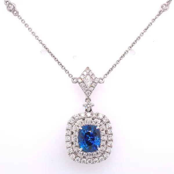 18K White Gold Oval Sapphire Square Pendant with Marquise and Bezel Diamond Necklace LeeBrant Jewelry & Watch Co Sandy Springs, GA