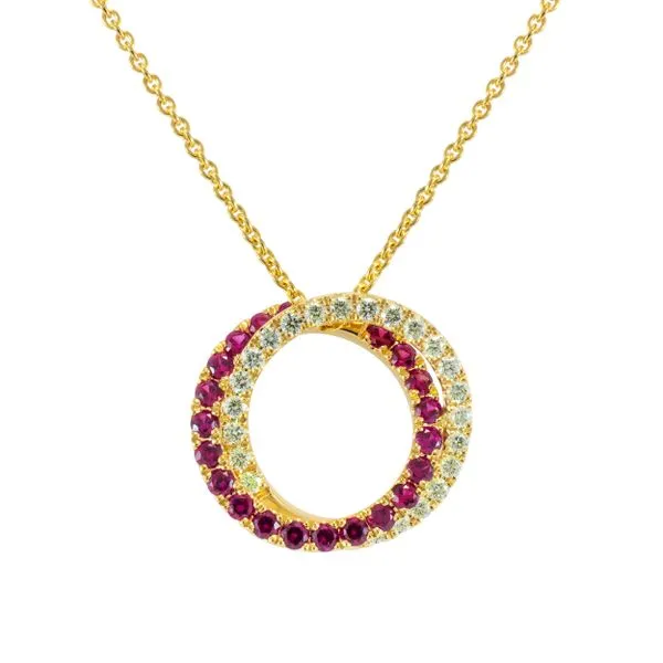 18K Yellow Gold Interlocked Circle Pendant with Rubies and Diamonds LeeBrant Jewelry & Watch Co Sandy Springs, GA