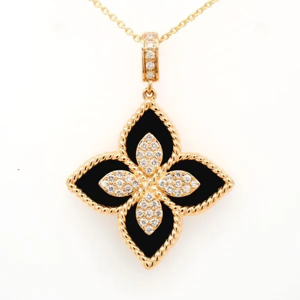 14K Yellow Gold Onyx Diamond Flower Pendant Necklace LeeBrant Jewelry & Watch Co Sandy Springs, GA