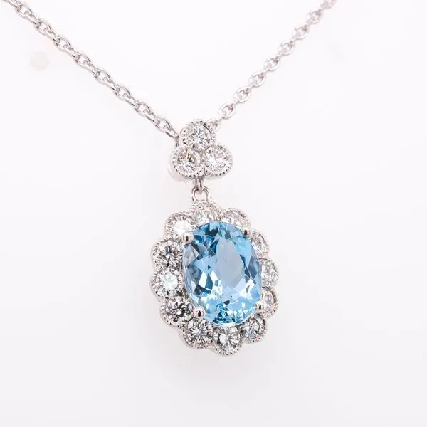 18K White Gold Antique Aquamarine Oval Pendant with Diamonds Image 2 LeeBrant Jewelry & Watch Co Sandy Springs, GA