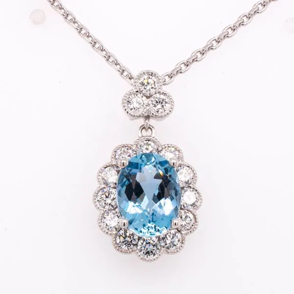 18K White Gold Antique Aquamarine Oval Pendant with Diamonds LeeBrant Jewelry & Watch Co Sandy Springs, GA