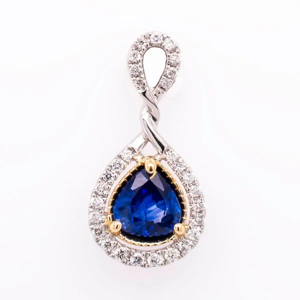 Platnium and 14K Yellow Gold Pear Sapphire Twisted Diamond Pendant LeeBrant Jewelry & Watch Co Sandy Springs, GA