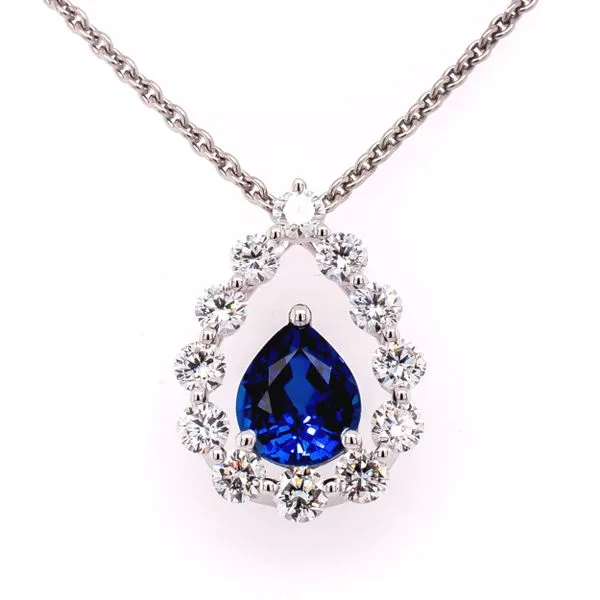 18K White Gold Floating Pear Sapphire Pendant with Diamonds LeeBrant Jewelry & Watch Co Sandy Springs, GA