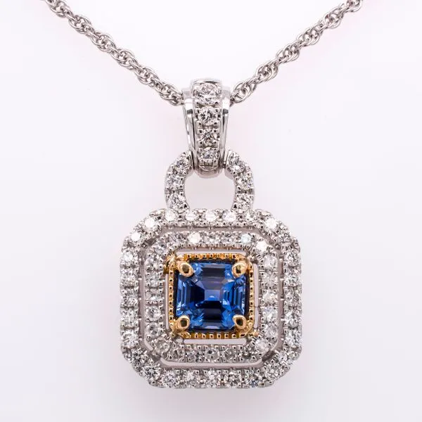 18K Yellow Gold and Platnium Square Cushion Sapphire Diamond Pendant Necklace LeeBrant Jewelry & Watch Co Sandy Springs, GA