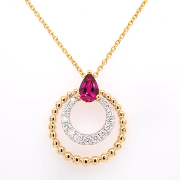 18K Yellow and white Gold Double Beaded Circle Pear Ruby Diamond Pendant Necklace LeeBrant Jewelry & Watch Co Sandy Springs, GA