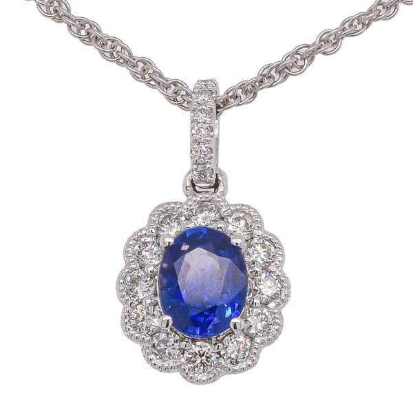 18K White Gold Oval Sapphire Halo Flower Diamond Pendant LeeBrant Jewelry & Watch Co Sandy Springs, GA