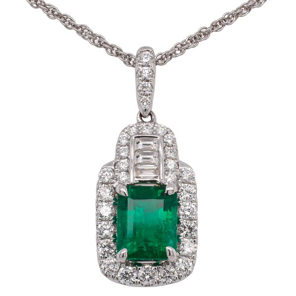 18K White Gold Emerald Baguette Diamond Pendant Necklace LeeBrant Jewelry & Watch Co Sandy Springs, GA