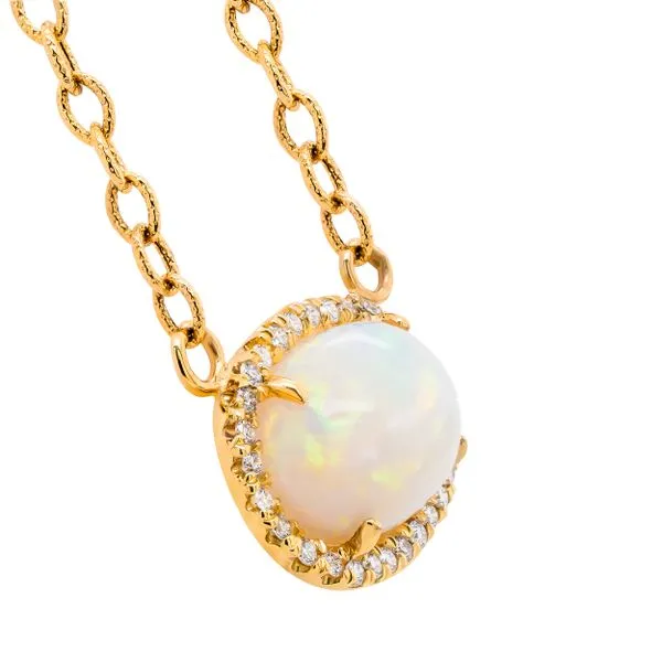 14K Yellow Gold Oval Opal Pendant Surrounded by Diamonds Image 2 LeeBrant Jewelry & Watch Co Sandy Springs, GA