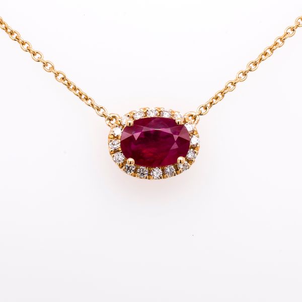 18K Yellow Gold Sideways Oval Ruby Diamond Pendant Necklace LeeBrant Jewelry & Watch Co Sandy Springs, GA