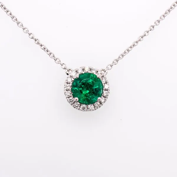 18K White Gold Round Emerald Diamond Pendant Necklace LeeBrant Jewelry & Watch Co Sandy Springs, GA