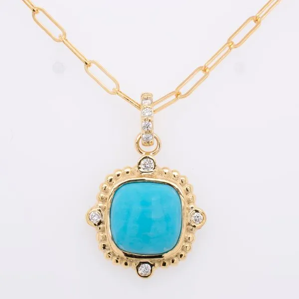 14K Yellow Green Gold Turquoise Diamond Pendant on Paperclip Chain LeeBrant Jewelry & Watch Co Sandy Springs, GA