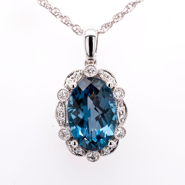 14K White Gold Filigree London Blue Topaz Diamond Vintage Drop Necklace Image 2 LeeBrant Jewelry & Watch Co Sandy Springs, GA