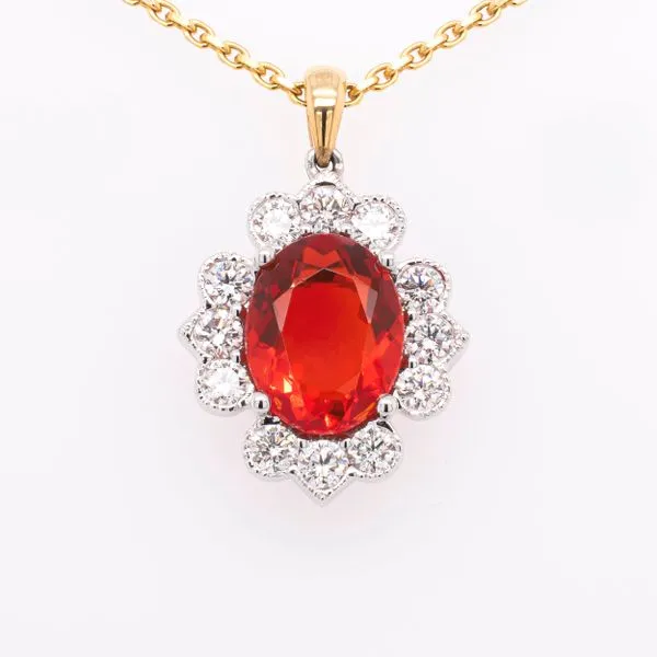 18K White and Yellow Gold Fire Opal Diamond Flower Necklace LeeBrant Jewelry & Watch Co Sandy Springs, GA