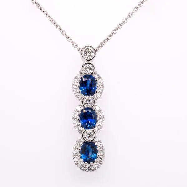 18K White Gold Three Stone Sapphire Diamond Drop Pendant Necklace LeeBrant Jewelry & Watch Co Sandy Springs, GA