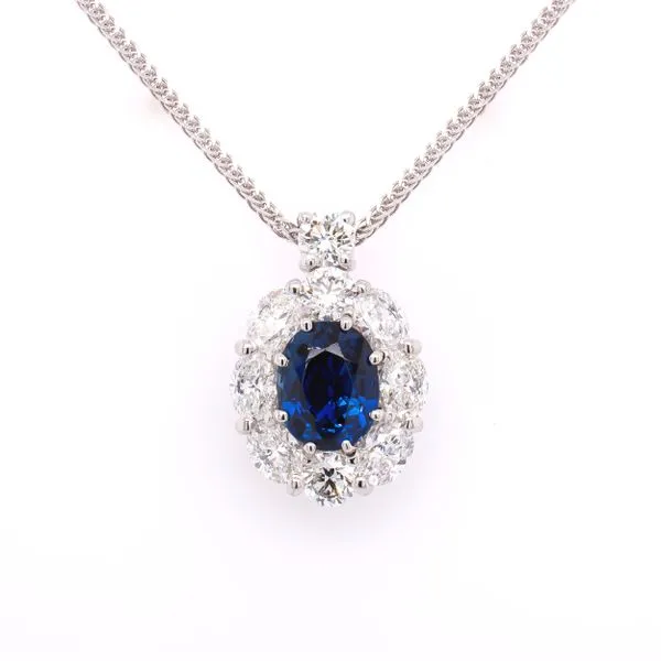 Platinum Sapphire Oval Diamond Pendant Necklace LeeBrant Jewelry & Watch Co Sandy Springs, GA